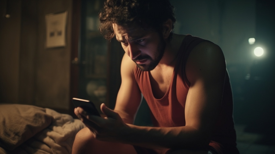 a man in underwear watching his phone looking pathetic