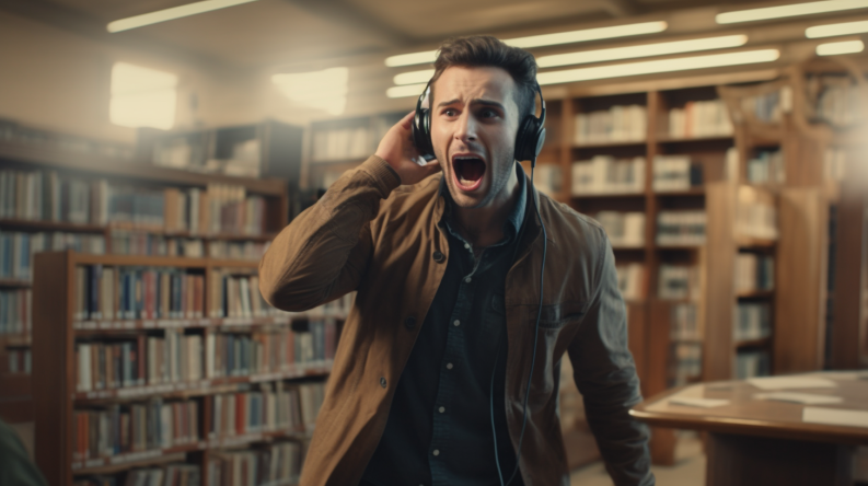 a man talking on the phone loudly in a library