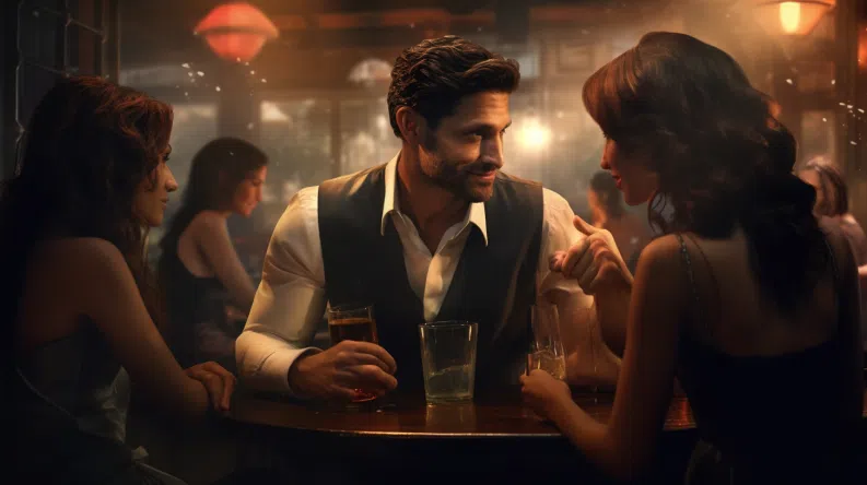 guy talking to a group of woman in a bar,