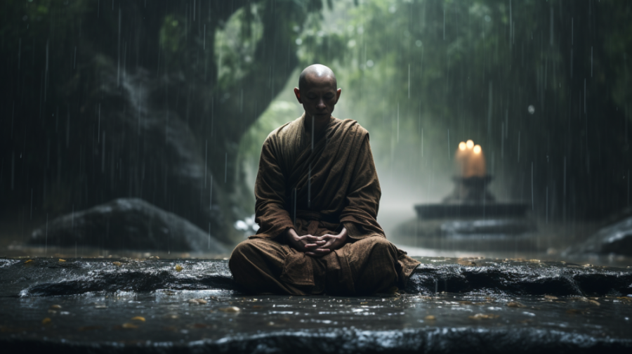 Monk meditating in the rain