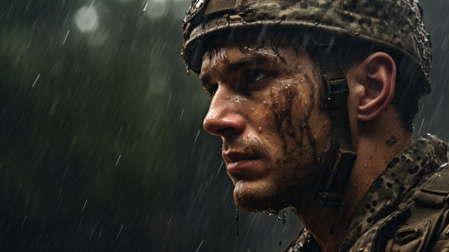 a disciplined soldier in the rain