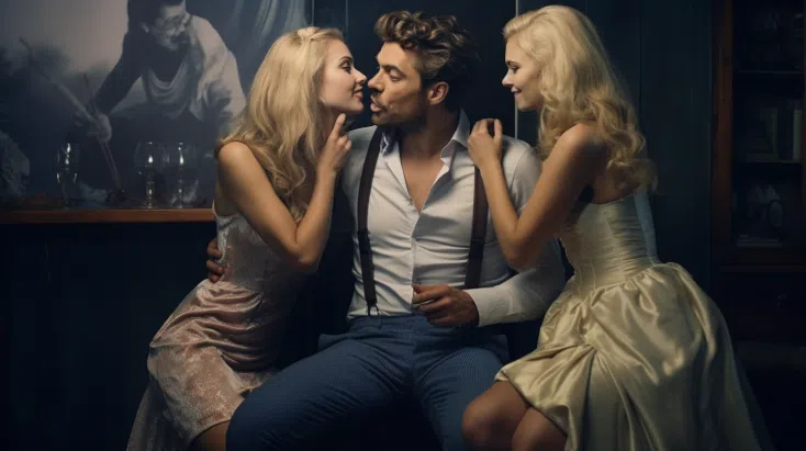 Man seducing two gorgeous blonde women