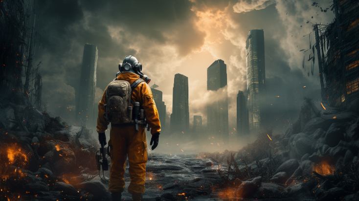 a man in a hazmat suit walking through an apocaliptic city