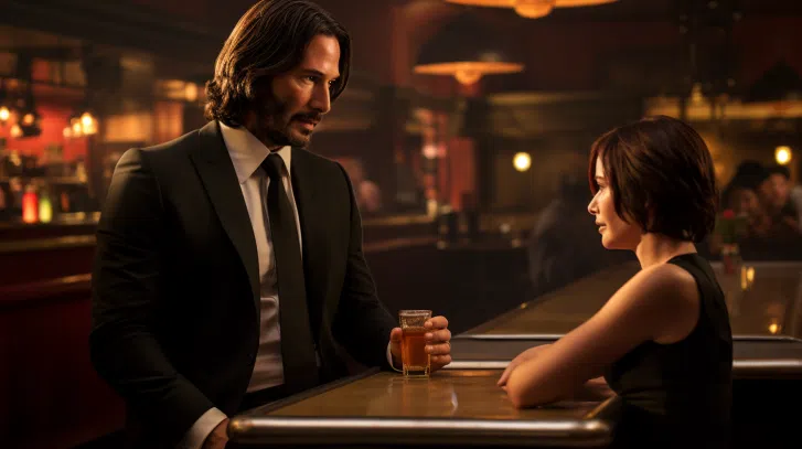 john wick talking to a gorgeous woman at the bar