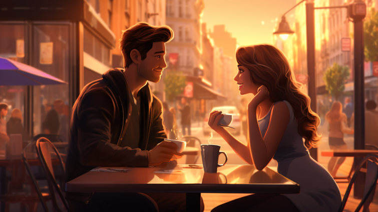 cinematic drawing of two people on a date talking