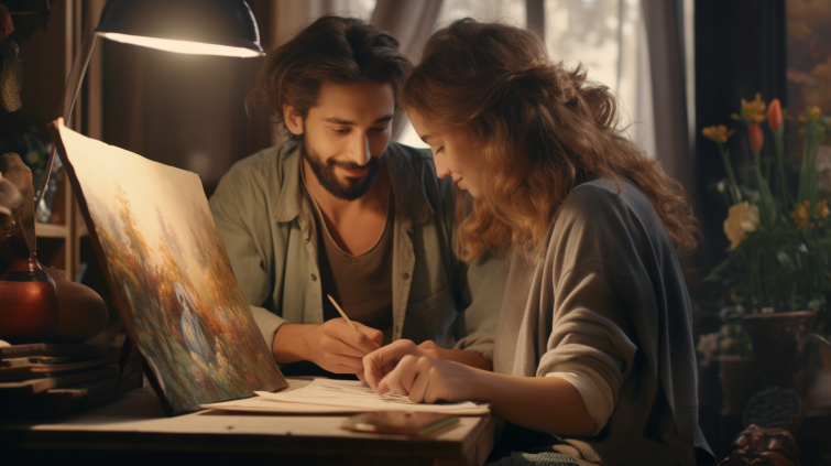 woman and man drawing a painting together