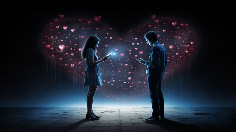 epic image of a guy texting a girl, love emojiis coming out of his phone