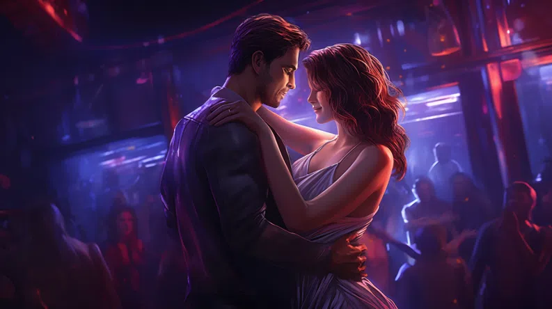 guy and girl dancing in a busy nightclub