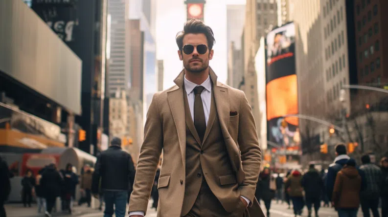 man with overcoat and sunglasses walking confident through new york city