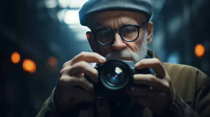 an old men focussing his camera
