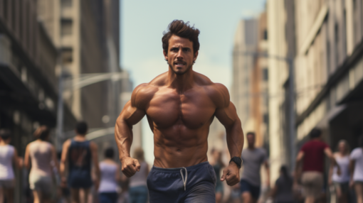 shirtless muscular man running through busy street