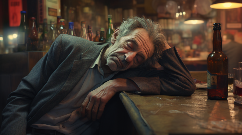 a drunk man sleeping on the bar
