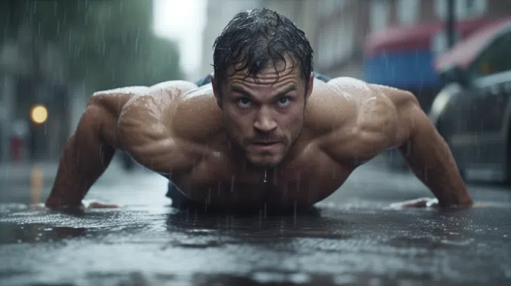 man doing push ups in the rain