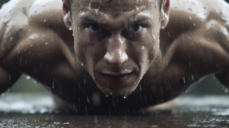 muscular guy doing push ups in the rain