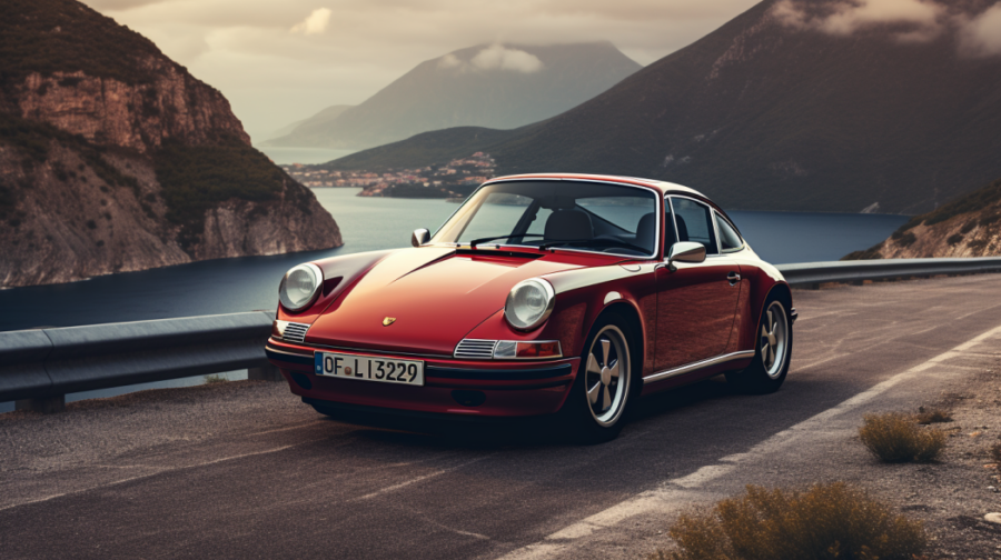 A red Porsche 911 carrera driving up the mountains