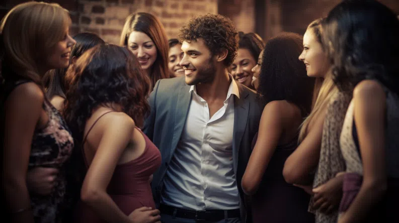 a man being seduced by a group of women