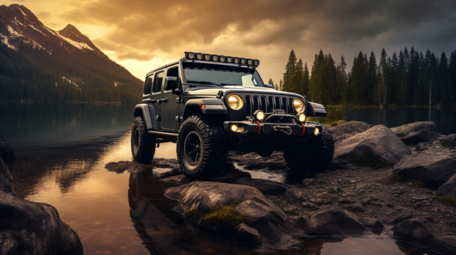 jeep wrangler epic image next to lake in the forest with a sunset