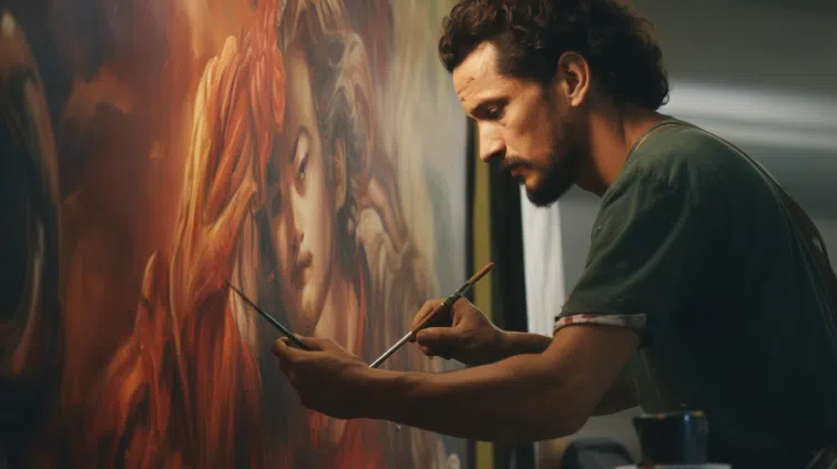 A guy painting a picture of a woman