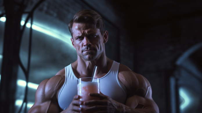 A muscular man holding a preworkout shake
