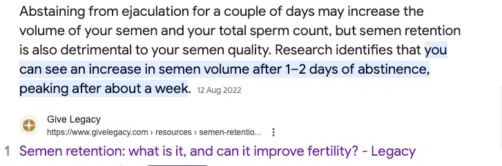 Research that shows semen volume increases after 1-2 days of retention