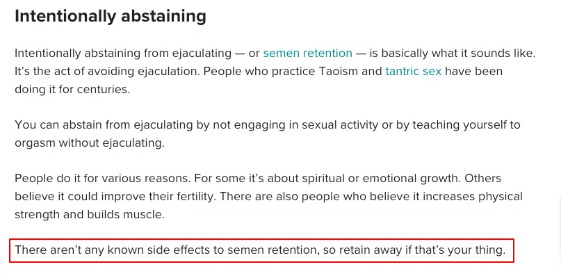 Screenshot of healthline statement that semen retention does not have unhealthy side effects