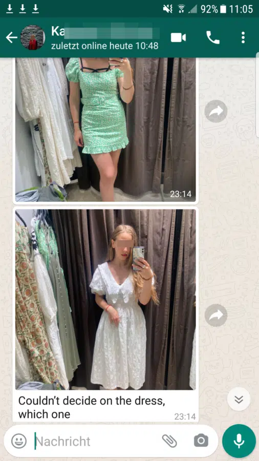 whatsapp conversation of a woman sending pictures of her outfits to a guy