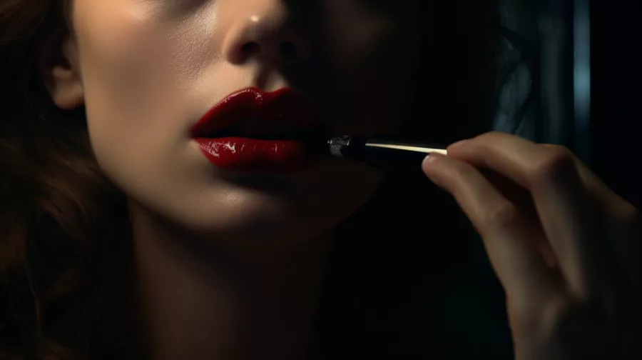 woman putting on red lipstick