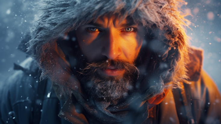 A close up of a man in a bizzard wearing a thick winter coat