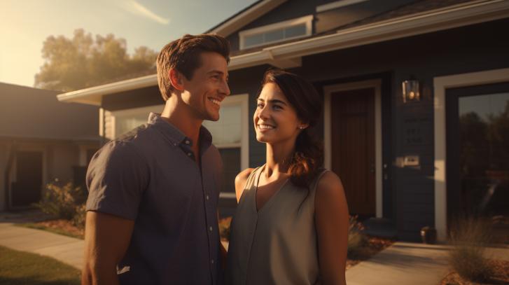 A young couple looking happy because they just baught a new house