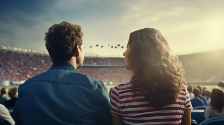 a boyfriend taking his girl to a sports event. sitting in a stadium