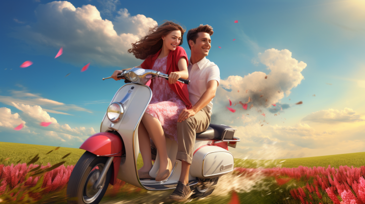 art of a happy young couple on a vespa scooter riding through a field of flowers
