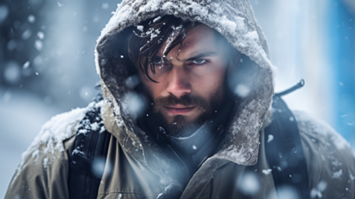epic image of a man in a blizzard with a winter jacket