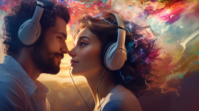 man and woman listening to music