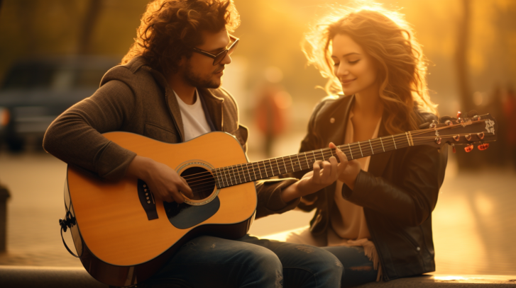 man singing and playing guitar for woman passionately