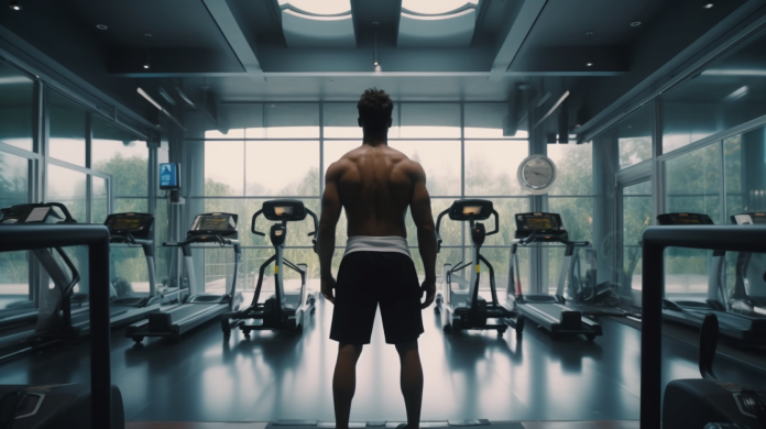 Guy at the gym looking at treadmills