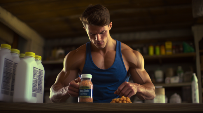 Muscular man taking supplements