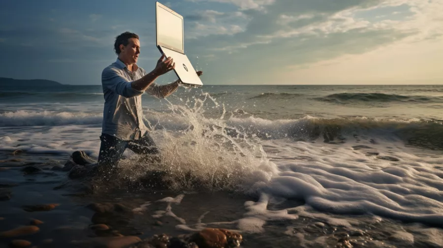 a man throwing his laptop in the ocean