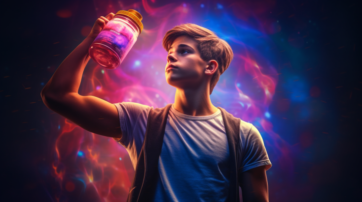 A vibrant image depicting a teenager lifting weights, with a glowing aura suggesting energy, focus, and endurance, alongside a bottle of safe pre-workout supplement emitting similar glow