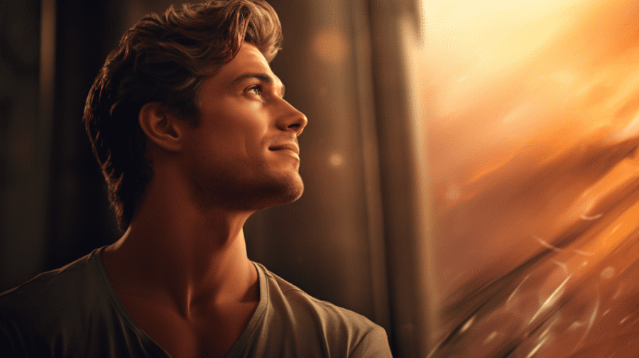 An epic, realistic image of an attractive man thinking and smiling