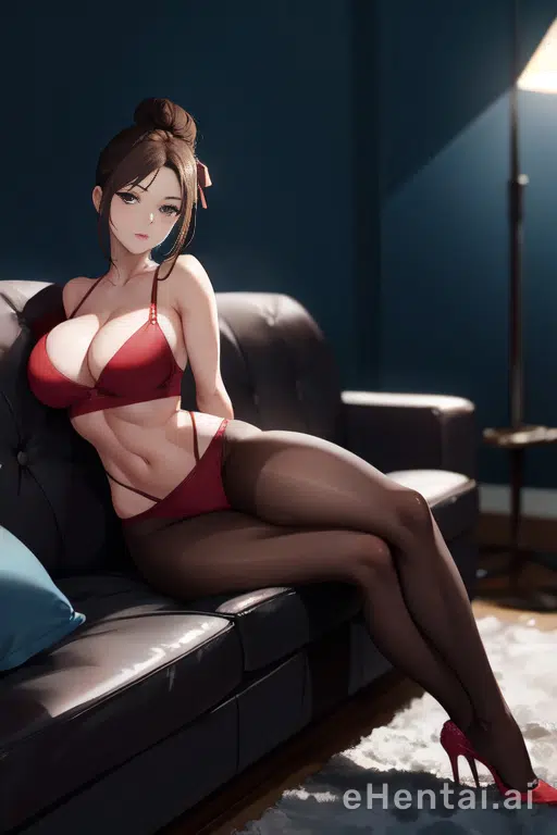 athletic anime girlfriend in red top sitting on the couch