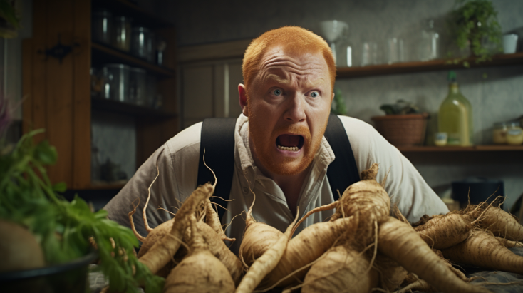 a man looking scared at ginger root