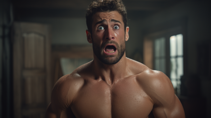 muscular guy looking scared