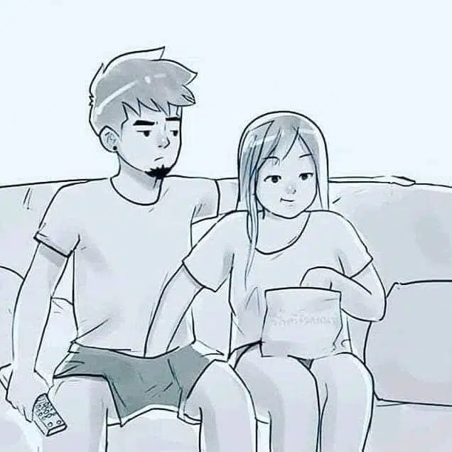 Drawing of girlfriend eating popcorn while touching boyfriend