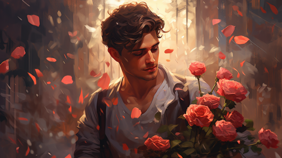 epic image of a romantic guy holding roses