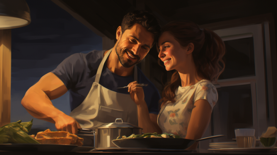 a couple cooking dinner together