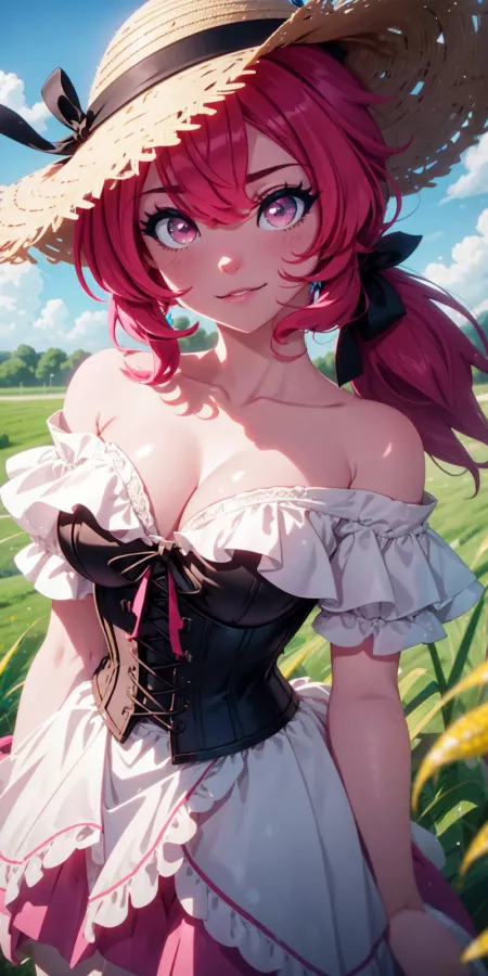 Anime woman with hat and pink hair