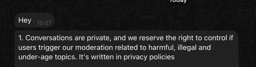 Screenshot response Tom on Candy AI privacy