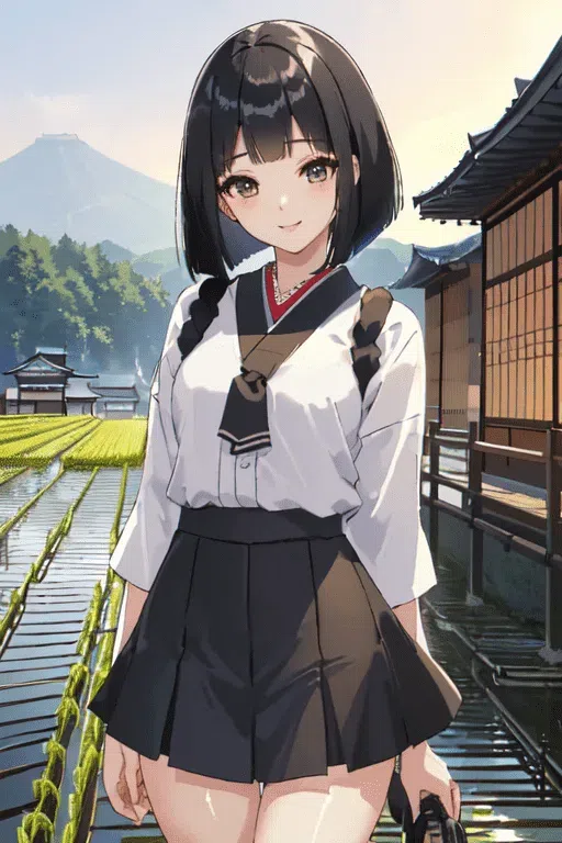 dark haired anime girl in a school uniform smiling