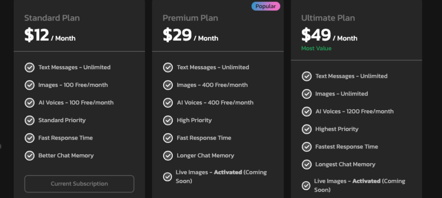 screenshot of kupid ai pricing options