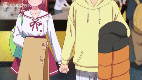 Anime girl grabs hand of man